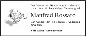 Traueranzeige von Manfred Rossaro von Schwäbische Post