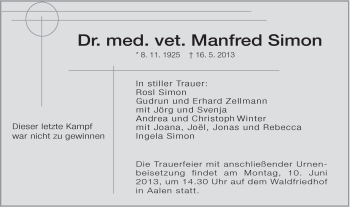 Traueranzeige von Manfred Dr. Simon von Schwäbische Post