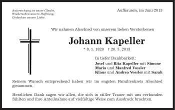 Traueranzeige von Josef Kapeller von Schwäbische Post