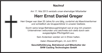 Traueranzeige von Ernst Daniel Greger von Schwäbische Post