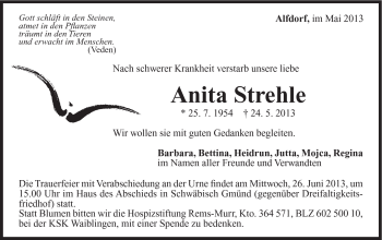 Traueranzeige von Anita Strehle von Gmünder Tagespost