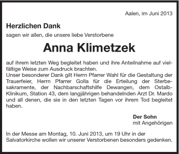 Traueranzeige von Anna Klimetzek von Schwäbische Post
