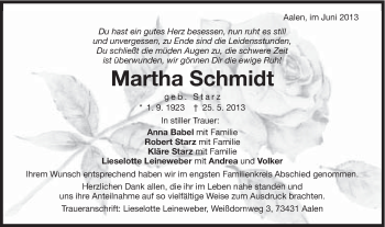 Traueranzeige von Martha Schmidt von Schwäbische Post