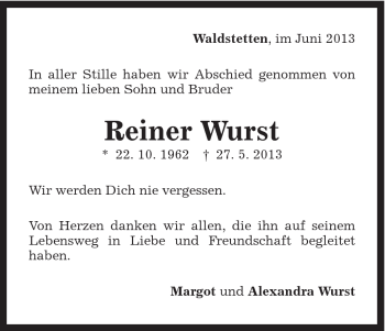Traueranzeige von Reiner Wurst von Gmünder Tagespost