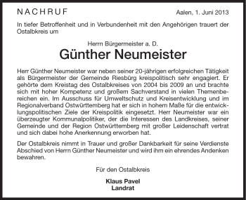Traueranzeige von Günther Neumeister von Schwäbische Post