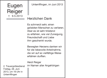 Traueranzeige von Eugen Reiger von Schwäbische Post