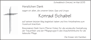 Traueranzeige von Konrad Schabel von Gmünder Tagespost
