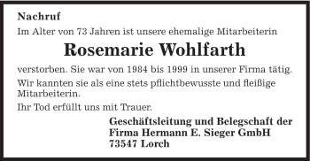 Traueranzeige von Rosemarie Wohlfarth von Gmünder Tagespost