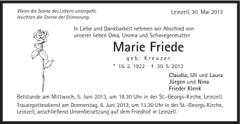 Traueranzeige von Marie Friede von Gmünder Tagespost