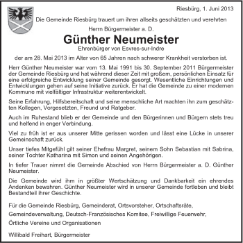 Traueranzeige von Günther Neumeister von Schwäbische Post