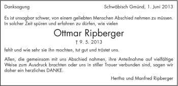 Traueranzeige von Ottmar Ripberger von Gmünder Tagespost