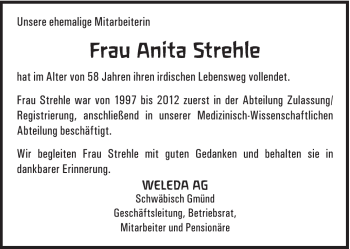 Traueranzeige von Anita Strehle von Gmünder Tagespost