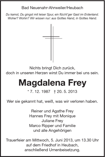 Traueranzeige von Magdalena Frey von Gmünder Tagespost