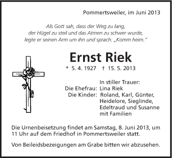 Traueranzeige von Ernst Riek von Schwäbische Post