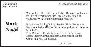 Traueranzeige von Marta Nagel von Gmünder Tagespost