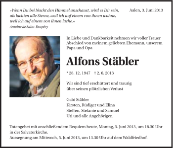 Traueranzeige von Alfons Stäbler von Schwäbische Post