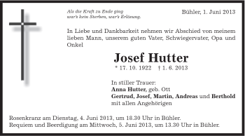 Traueranzeige von Josef Hutter von Schwäbische Post