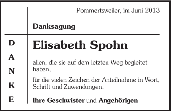 Traueranzeige von Elisabeth Spohn von 088