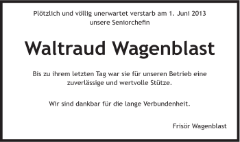 Traueranzeige von Waltraud Wagenblast von Gmünder Tagespost