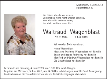 Traueranzeige von Waltraud Wagenblast von Gmünder Tagespost