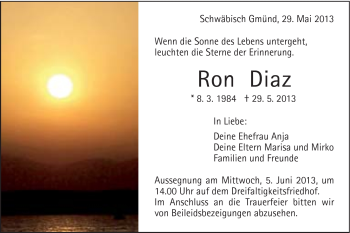 Traueranzeige von Ron Diaz von Gmünder Tagespost