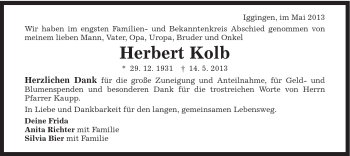 Traueranzeige von Herbert Kolb von Gmünder Tagespost