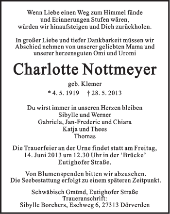 Traueranzeige von Charlotte Nottmeyer von Gmünder Tagespost