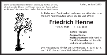 Traueranzeige von Friedrich Henne von Schwäbische Post