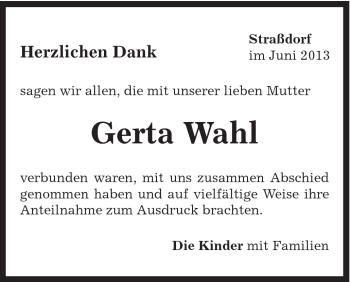 Traueranzeige von Gerta Wahl von Gmünder Tagespost
