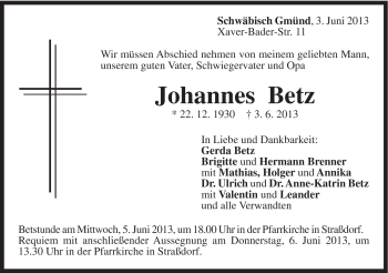 Traueranzeige von Johannes Betz von Gmünder Tagespost