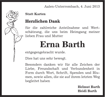 Traueranzeige von Erna Barth von Schwäbische Post
