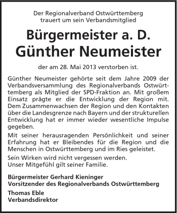 Traueranzeige von Günther Neumeister von Schwäbische Post