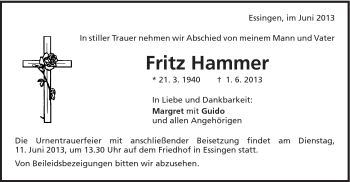Traueranzeige von Fritz Hammer von Schwäbische Post