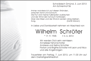Traueranzeige von Wilhelm Schröter von Gmünder Tagespost