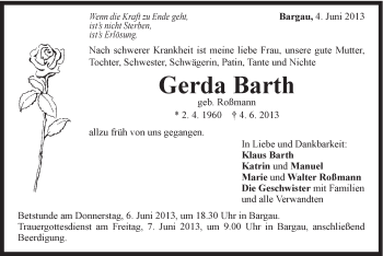 Traueranzeige von Gerda Barth von Gmünder Tagespost
