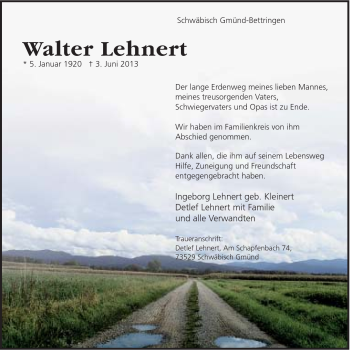 Traueranzeige von Walter Lehnert von Gmünder Tagespost