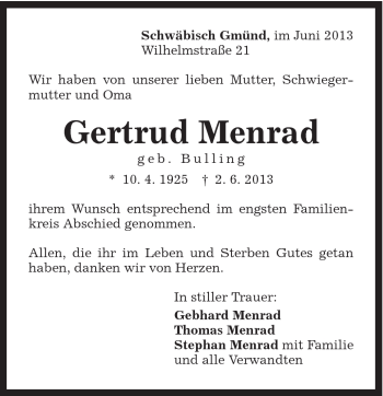 Traueranzeige von Gertrud Menrad von Gmünder Tagespost