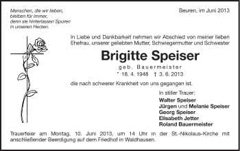 Traueranzeige von Brigitte Speiser von Schwäbische Post