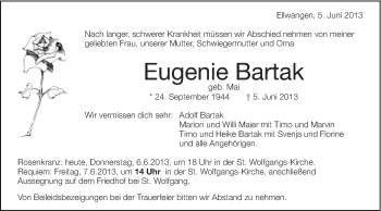 Traueranzeige von Eugenie Bartak von Schwäbische Post