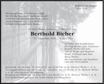 Traueranzeige von Berthold Bieber von Gmünder Tagespost