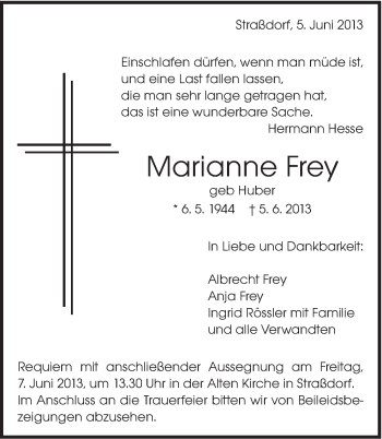 Traueranzeige von Marianne Frey von Gmünder Tagespost