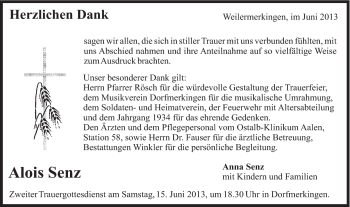 Traueranzeige von Alois Senz von Schwäbische Post