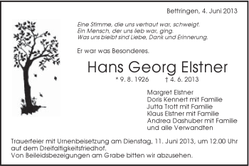 Traueranzeige von Hans Georg Elstner von Gmünder Tagespost