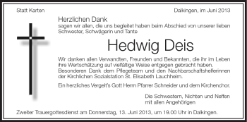 Traueranzeige von Hedwig Deis von Schwäbische Post
