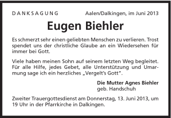 Traueranzeige von Eugen Biehler von Schwäbische Post