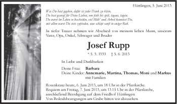 Traueranzeige von Josef Rupp von Schwäbische Post
