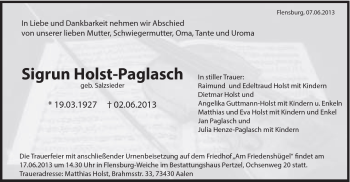 Traueranzeige von Sigrun Holst-Paglasch von Schwäbische Post
