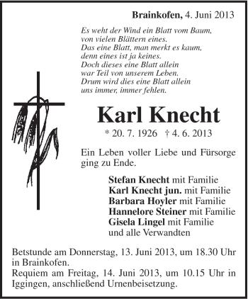 Traueranzeige von Karl Knecht von Gmünder Tagespost