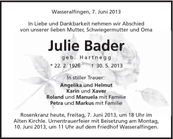 Traueranzeige von Julie Bader von Schwäbische Post
