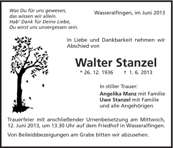 Traueranzeige von Walter Stanzel von Schwäbische Post